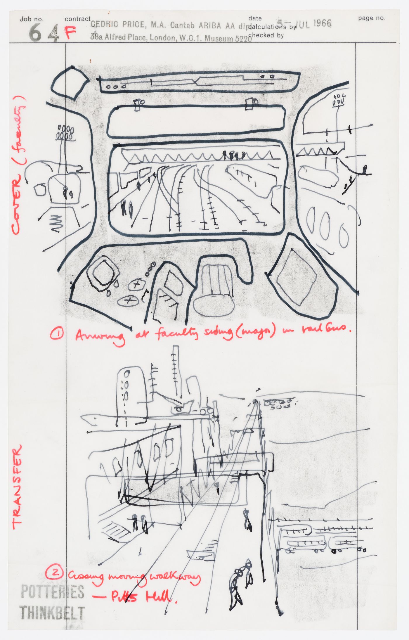 Potteries Thinkbelt sketch of arrival by rail bus at a faculty siding and moving walkways at Pitts Hill transfer area