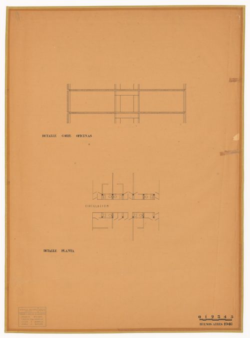 Section and floor plan for Edificio suspendido de oficinas