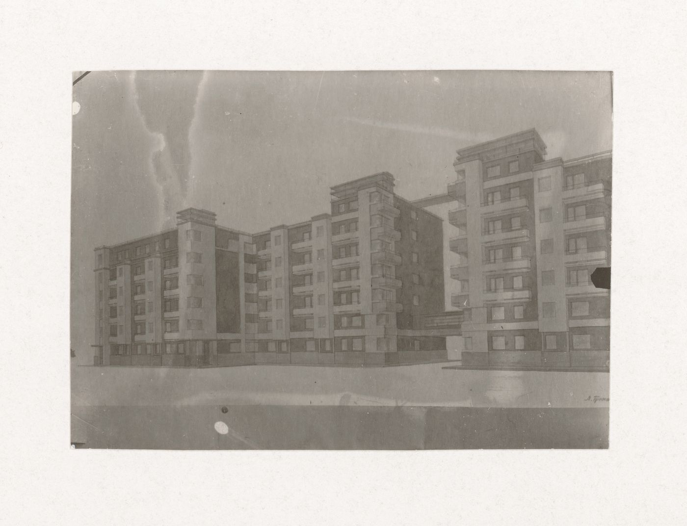 Photograph of a student drawing by L. Grinshpun on the topic "Exercise on Finding the Expressiveness of Frontal Surface. Façade of House-Commune" for the "Space" course at the Vkhutein (Moscow Higher Technical Institute), Moscow
