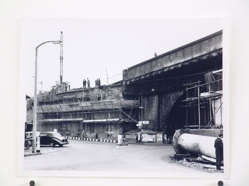 View of breaking down South Abutment, Bushey Bridge, England