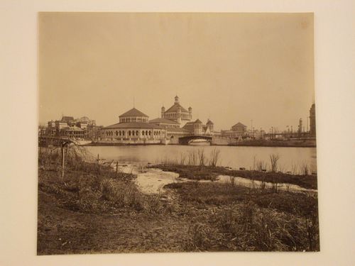 Oblique view of the principal façade of the Fisheries Building from the Wooded Island with the west polygonal building in the foreground, 1893 Chicago World's Columbian Exhibition, Chicago, Illinois