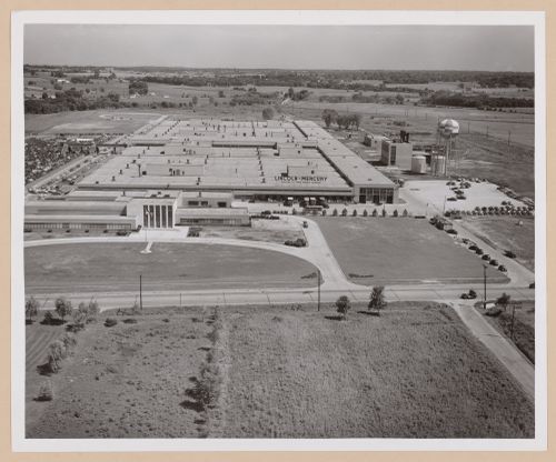 Aerial view of the Automobile Assembly Plant showing the west façades of the Administration Building, the Assembly Building and the Boiler House, Ford Motor Company Lincoln-Mercury division Automobile Assembly Plant, Saint Louis, Missouri