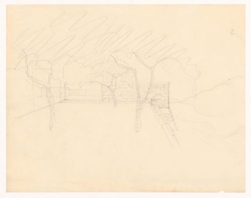 Sketch perspective for Mountain House showing the interior from the courtyard