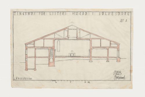 Section for Lister härads tingshus showing a circular courtroom, Sölvesborg, Sweden