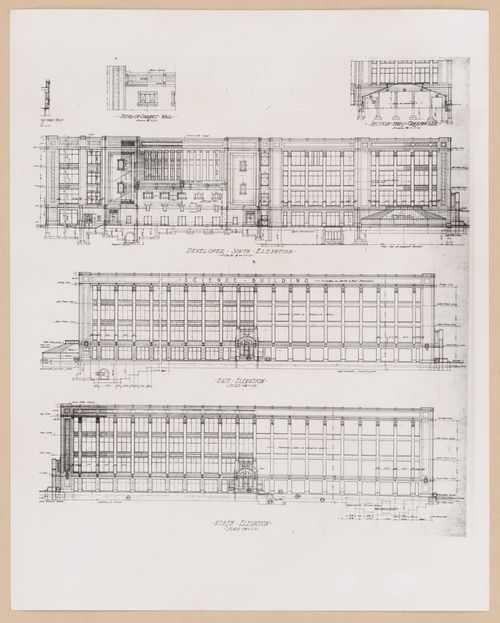 Photograph of the north, south, and east elevations, details for a parapet wall and a section through the greenhouse for the Natural Science Building (also known as the Krauss Natural Science Building), University of Michigan, Ann Arbor, Michigan
