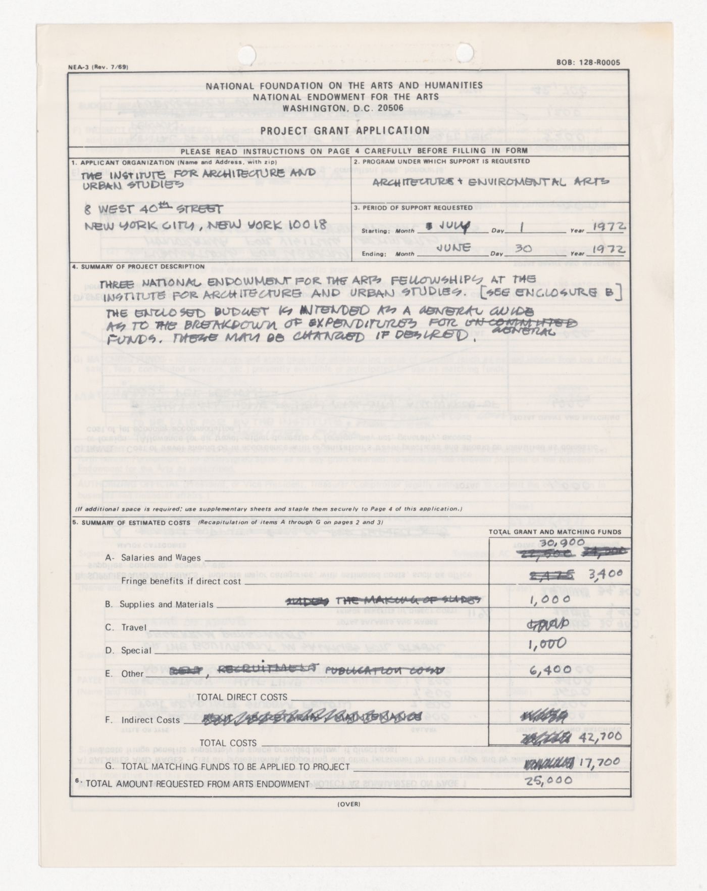 Project grant application for three National Endowment for the Arts (NEA) fellowships at IAUS as completed by Peter D. Eisenman