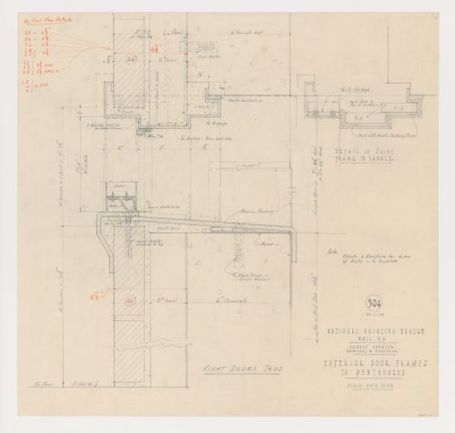 Détails des cadres de porte extérieure menant aux penthouses, Imprimerie Nationale du Canada, Hull, Québec, Canada