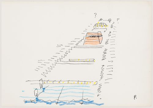 Project by Cedric Price Architects for the IFCCA Prize for the Design of Cities competition: bird's eye perspective sketch of the site looking east from the Hudson River (document from the IFPRI project records)