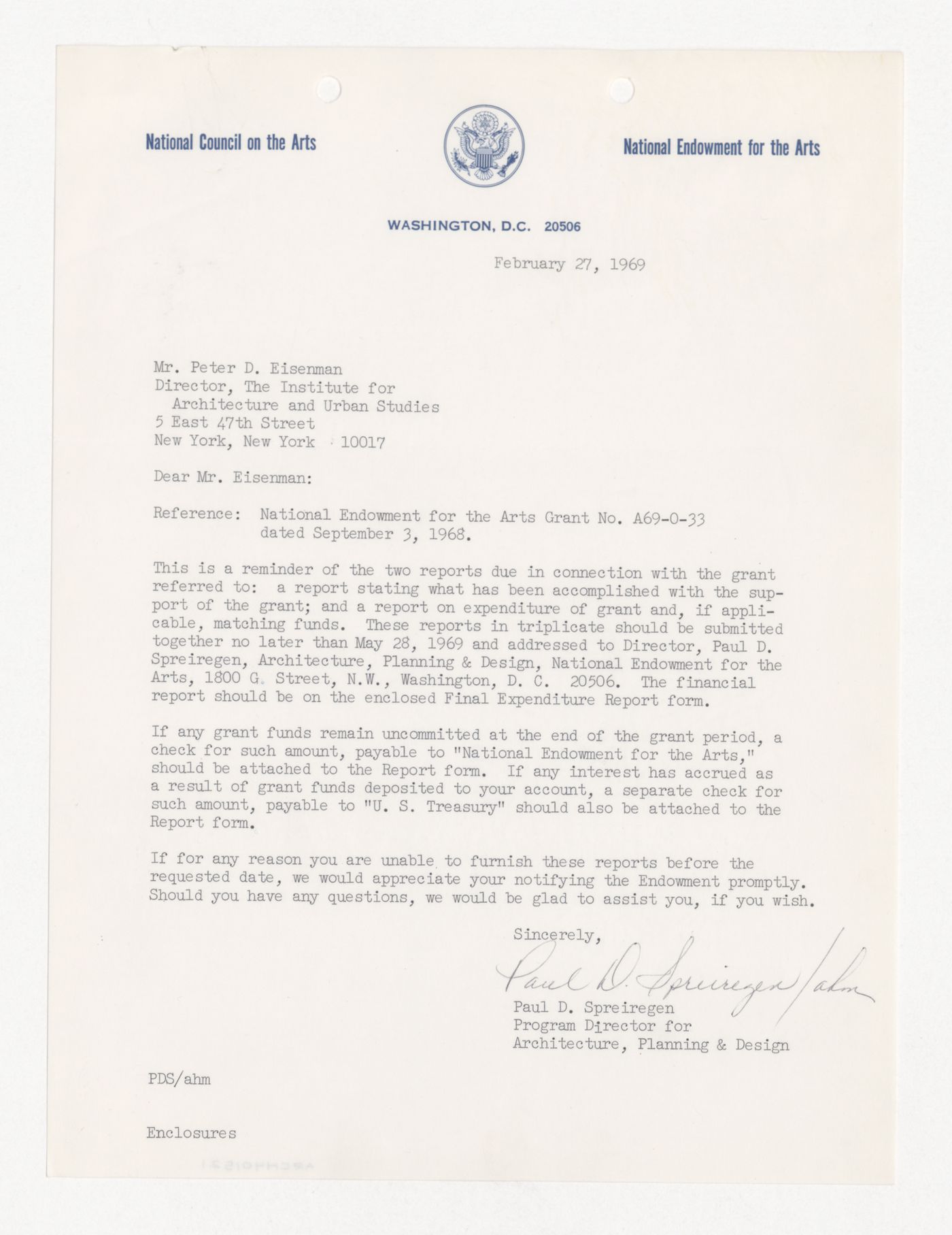 Letter from Paul D. Spreiregen to Peter D. Eisenman about reports for a grant from the National Endowment for the Arts (NEA)