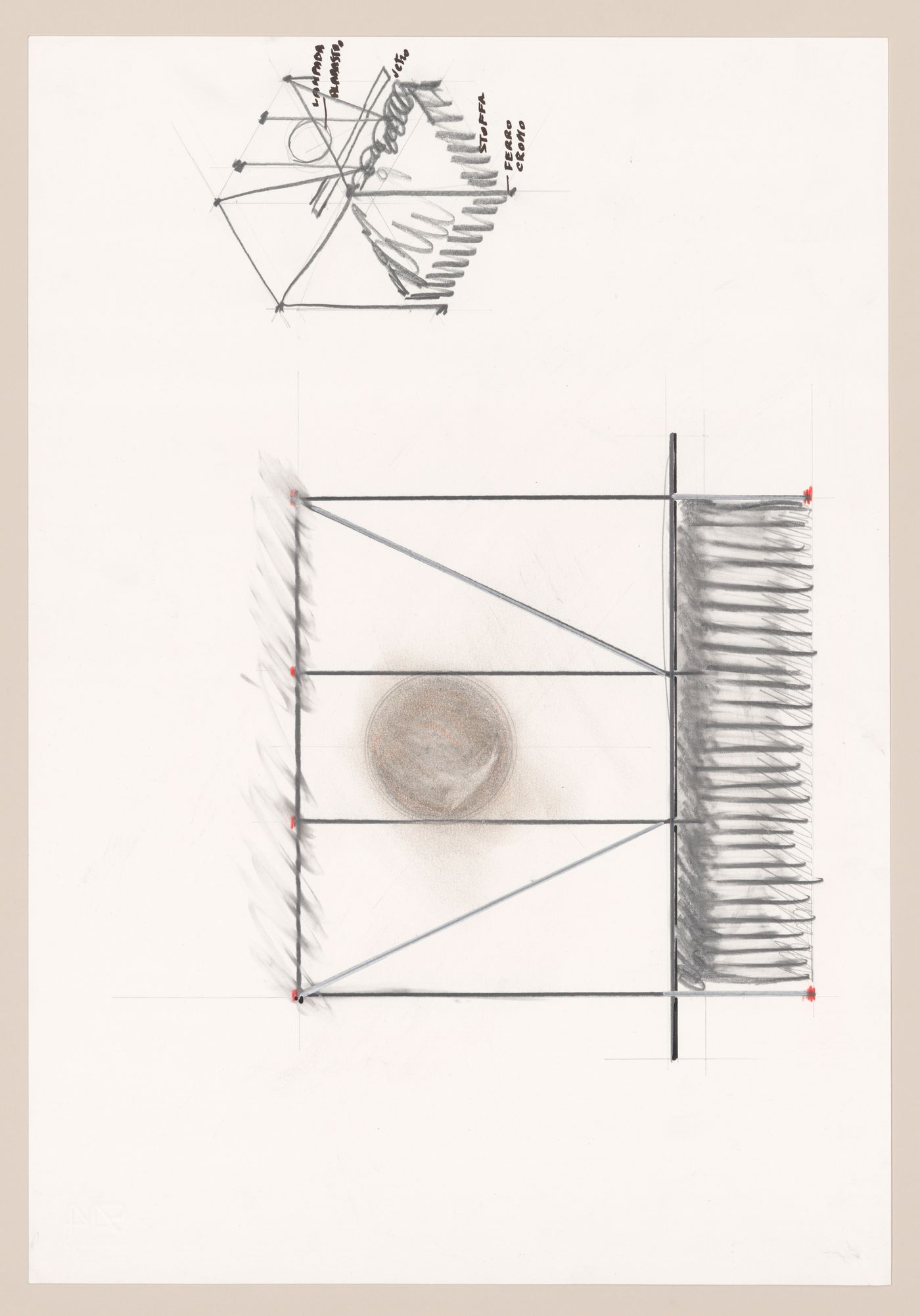 Sketch elevation and axonometric for Bed project Il carro di giove [Jupiter's chariot]