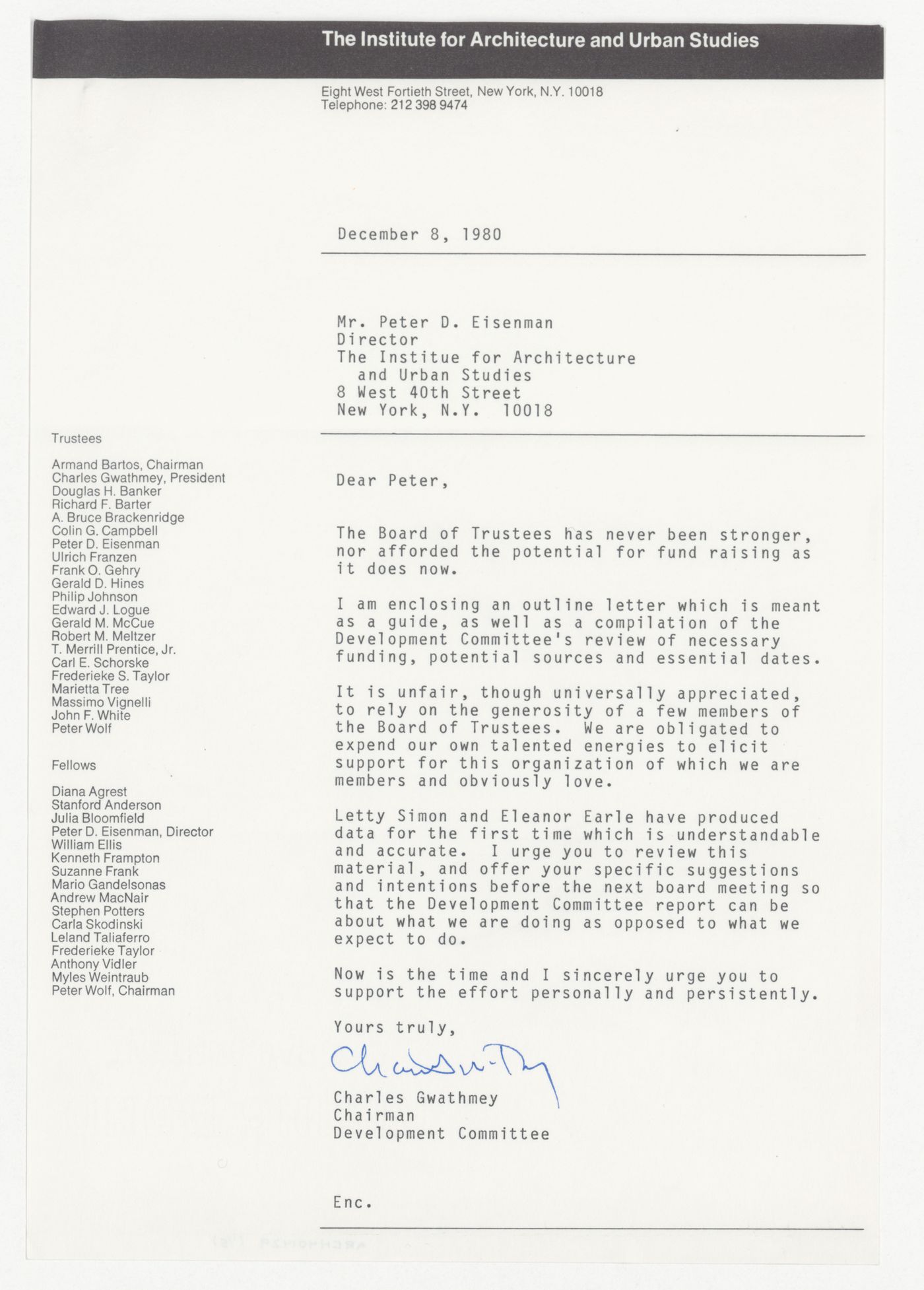 Letter from Charles Gwathmey to Peter D. Eisenman with attached development plan for financial year 1980-1981