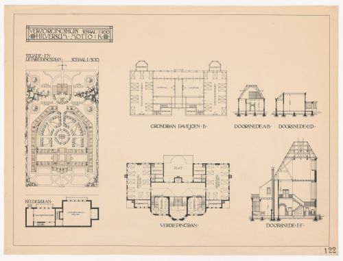 Competition drawing showing a site plan, plans and sections for a retirement home, Hilversum, Netherlands