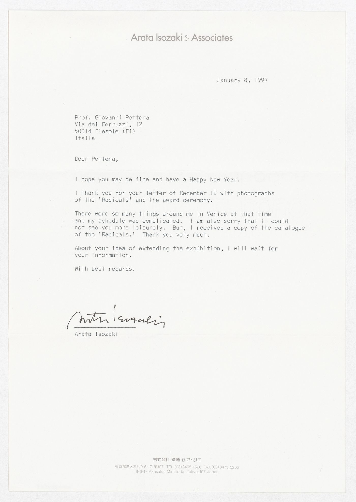 Correspondence from Arata Isozaki regarding the exhibition Radicals. Architecttura e Design 1960-1975