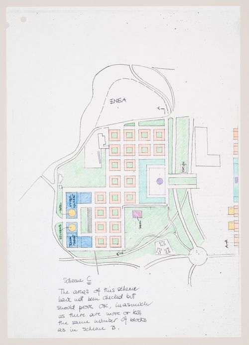 New Town Centre, Caselecchio di Reno, Italy: plan and elevation