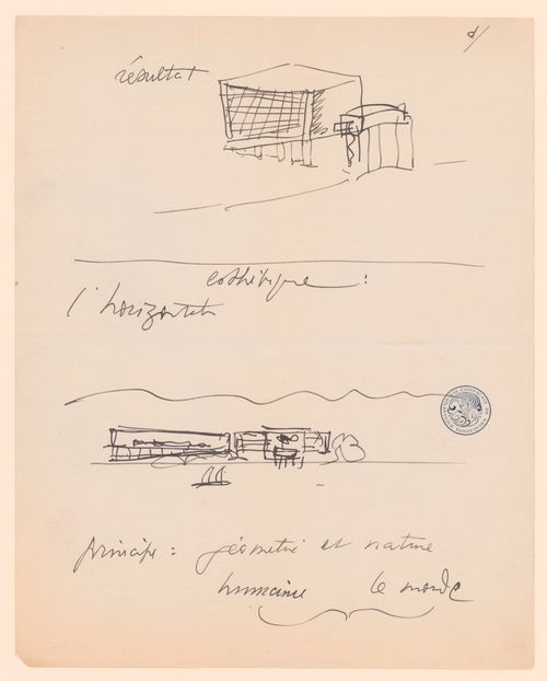 Conceptual perspectival views from Lake Geneva of the Assembly Hall and Secretariat, with notes on exterior cladding, for the Palace of the League of Nations competition, Geneva, Switzerland
