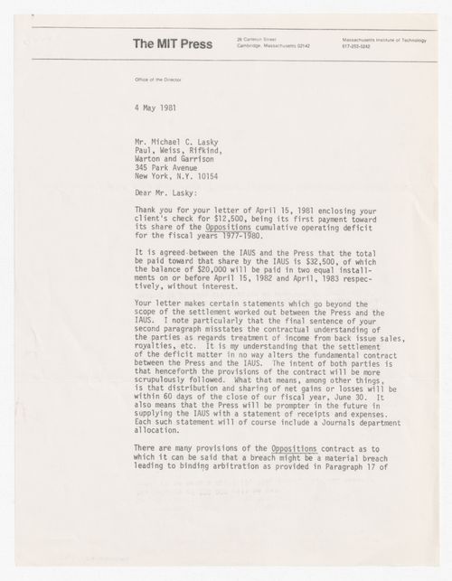 Letter from Frank Urbanowski to Michael C. Lasky about repayment of Oppositions Journal cumulative operating deficit for 1977-1980