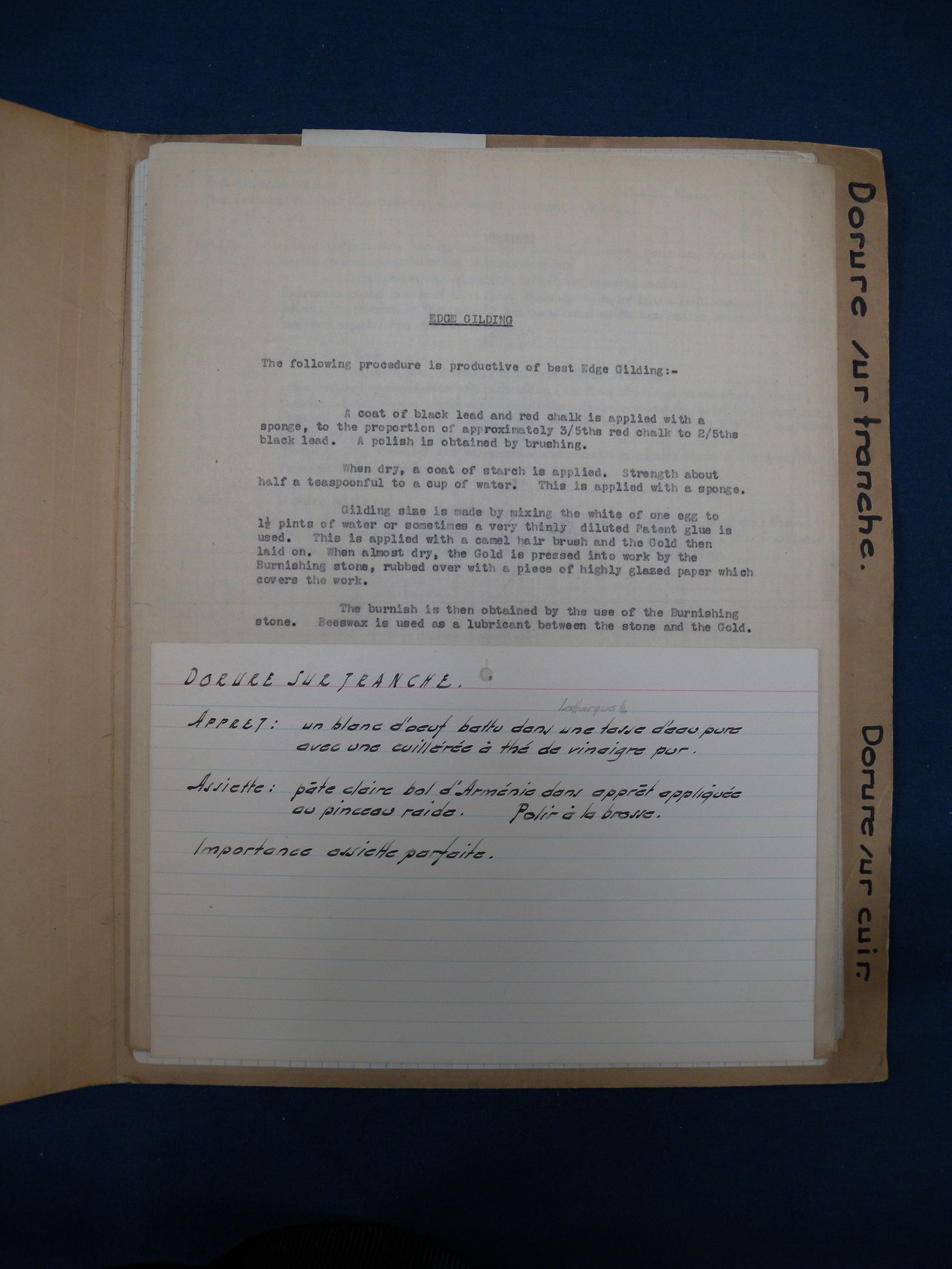 Notes d'Ernest Cormier sur la dorure / Notes by Ernest Cormier on gilding