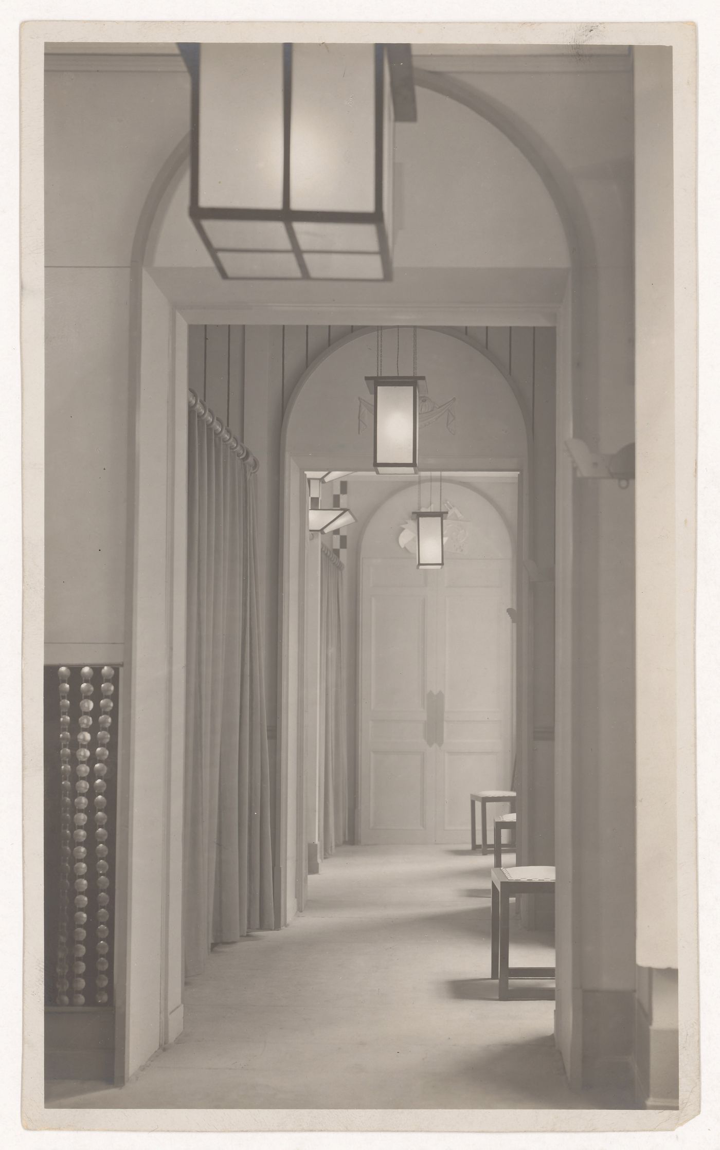 Interior view of the Muelle et Rossignol costume gallery, showing changing areas, Paris, France