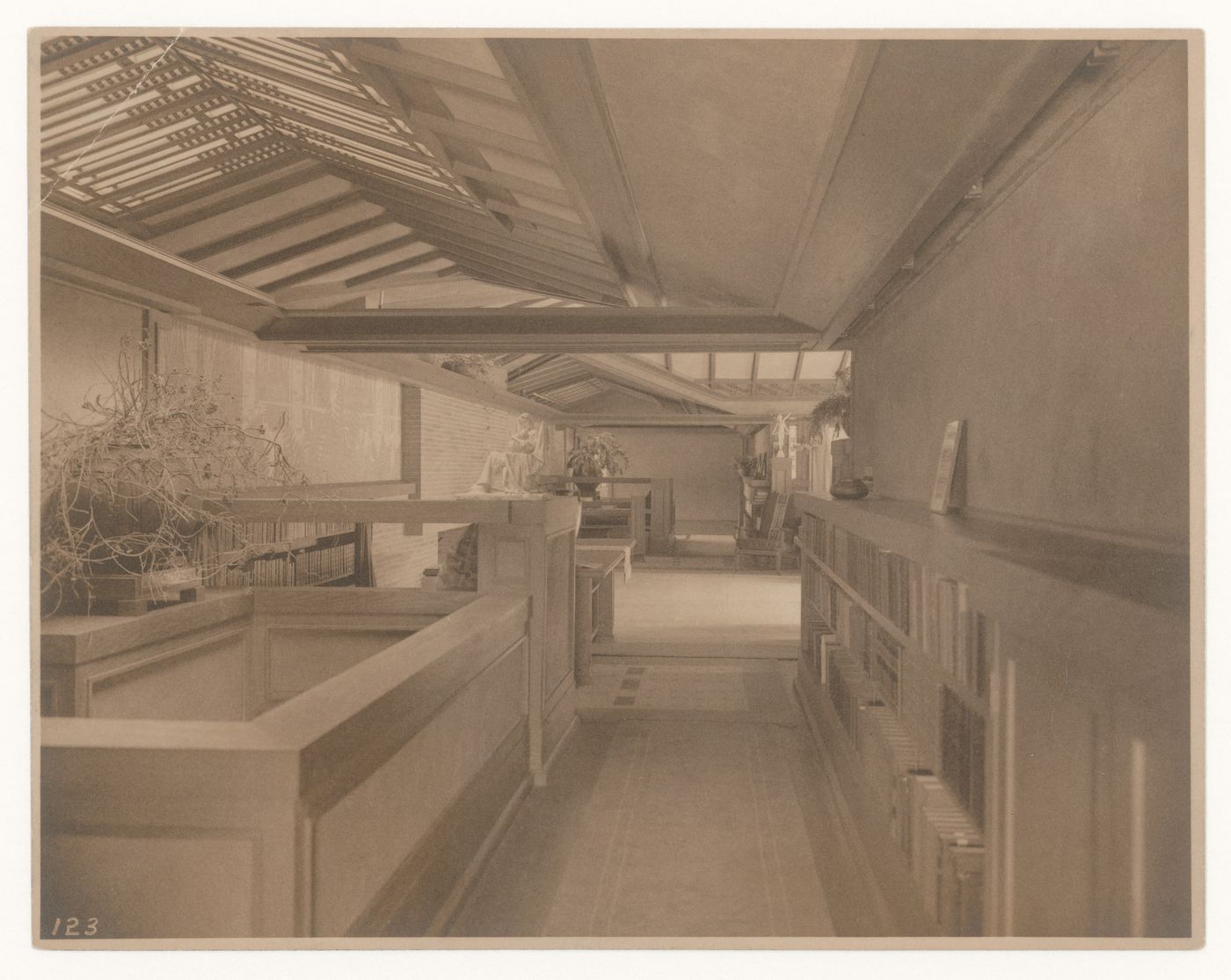 Interior view of Coonley House showing the living room from the stairwell, Riverside, Illinois