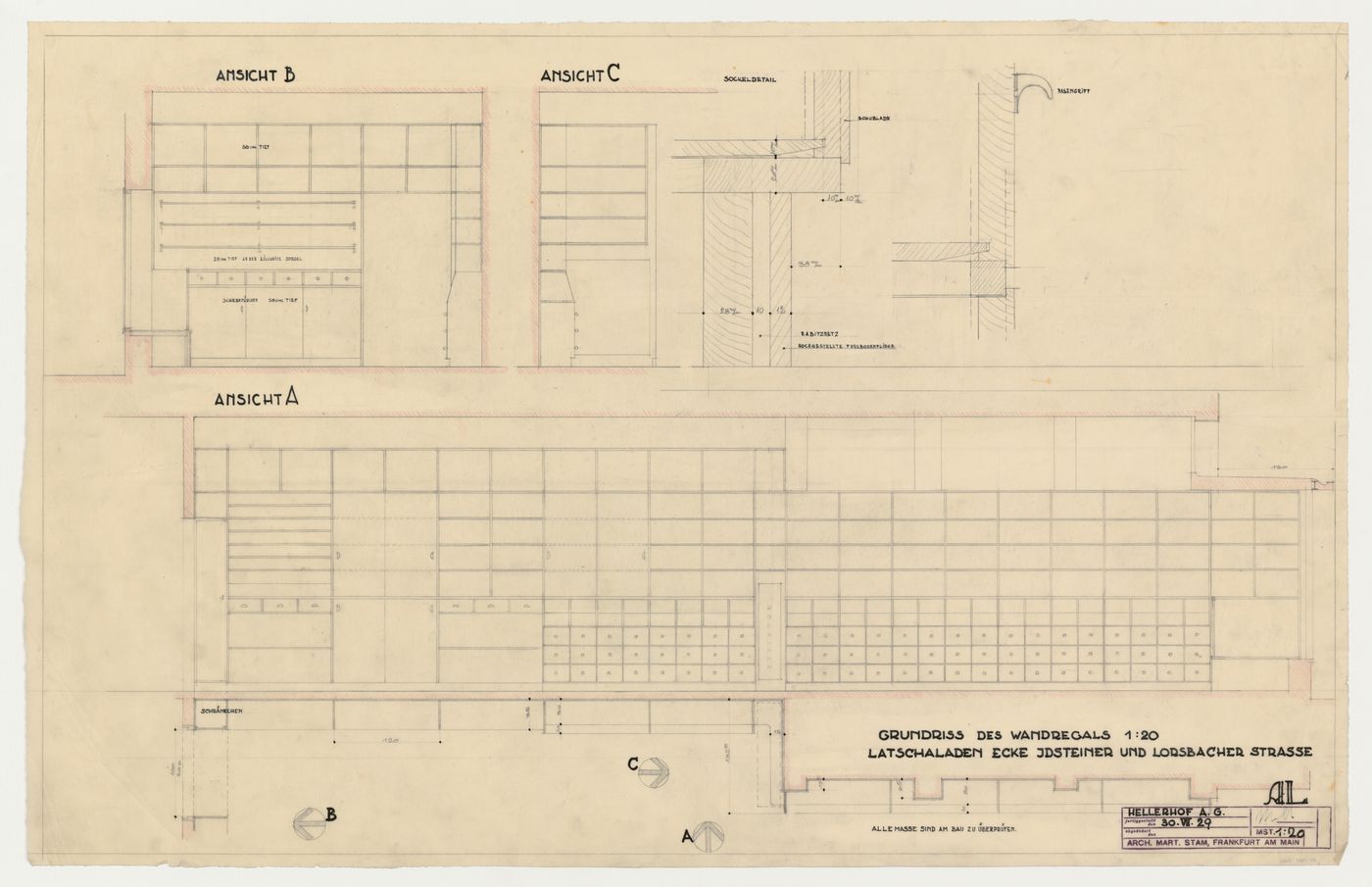Plan, elevations, and sections for shelves for a type AL Latscha store, Hellerhof Housing Estate, Frankfurt am Main, Germany