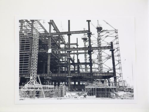 View of construction of steel structure for power station, from exterior, United Kingdom