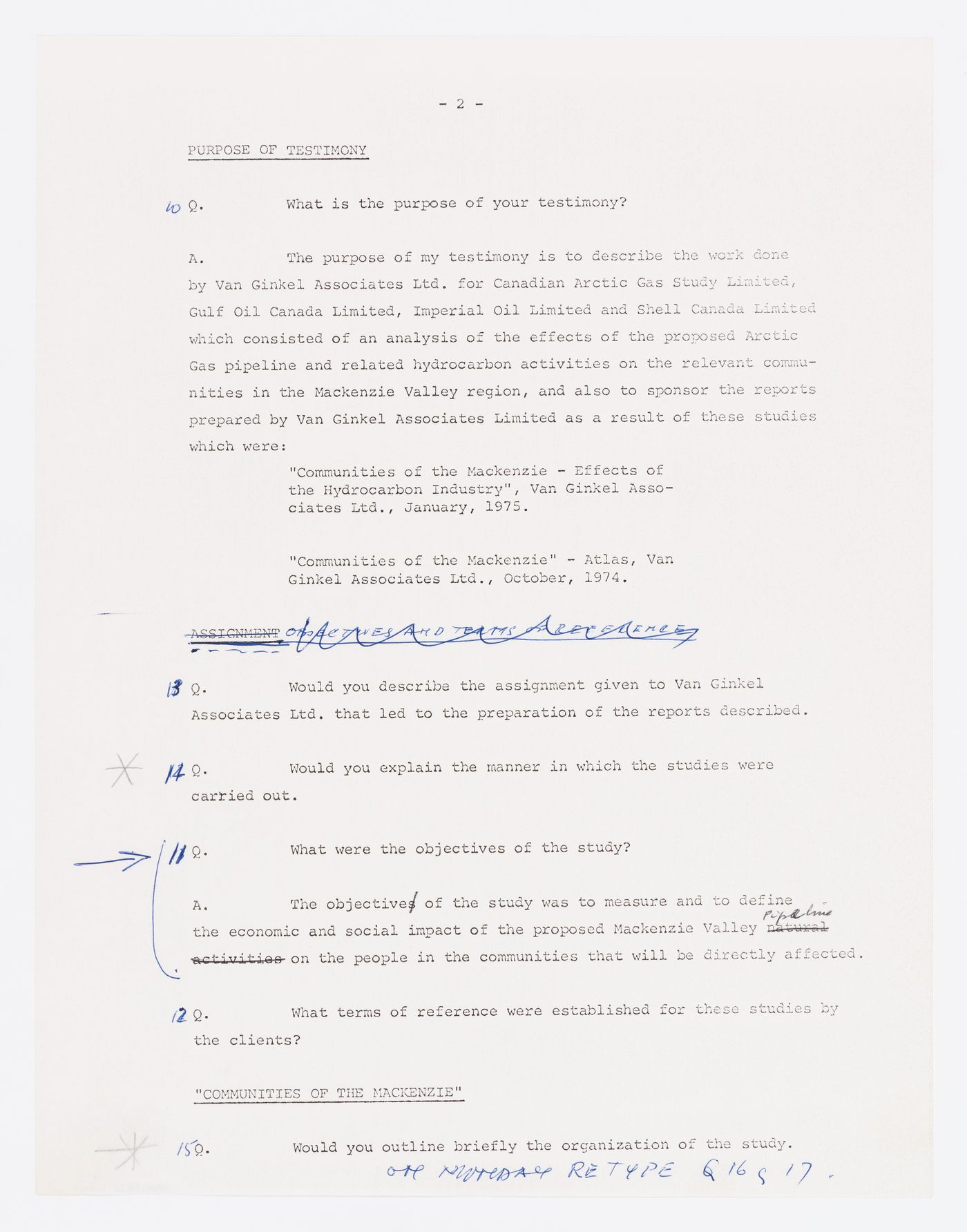 Covering letter and list of questions prepared by John J. Marshall of Mcleod Dixon Barristers and Solicitors for Sandy van Ginkel, with hand-writtten revisions and answers to two questions