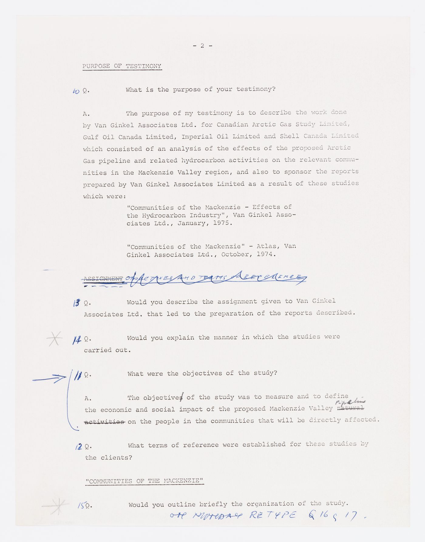 Covering letter and list of questions prepared by John J. Marshall of Mcleod Dixon Barristers and Solicitors for Sandy van Ginkel, with hand-writtten revisions and answers to two questions