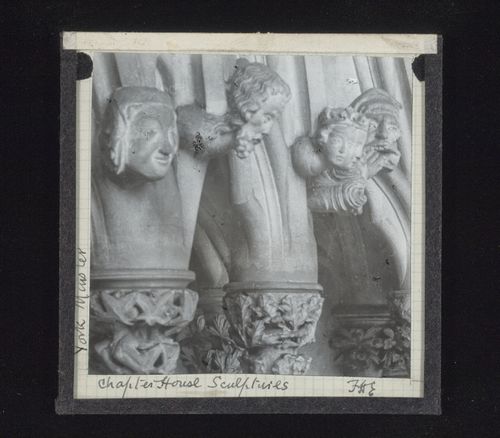 Detail view of canopy of Chapter House with sculptures, York Minster, York, North Yorkshire, England