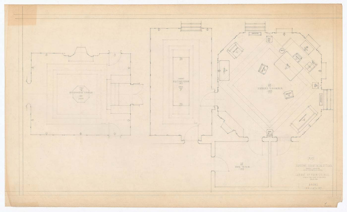 Plan de l'agencement du mobilier de la salle des juges, du salon des avocats et de la salle d'attente pour Cour suprême du Canada, Ottawa, Ontario