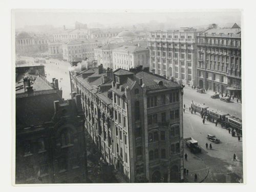 View of the apartment building at 16 Mokhovaia Street from an elevated viewpoint showing the Fabric Hotel in the foreground, Moscow