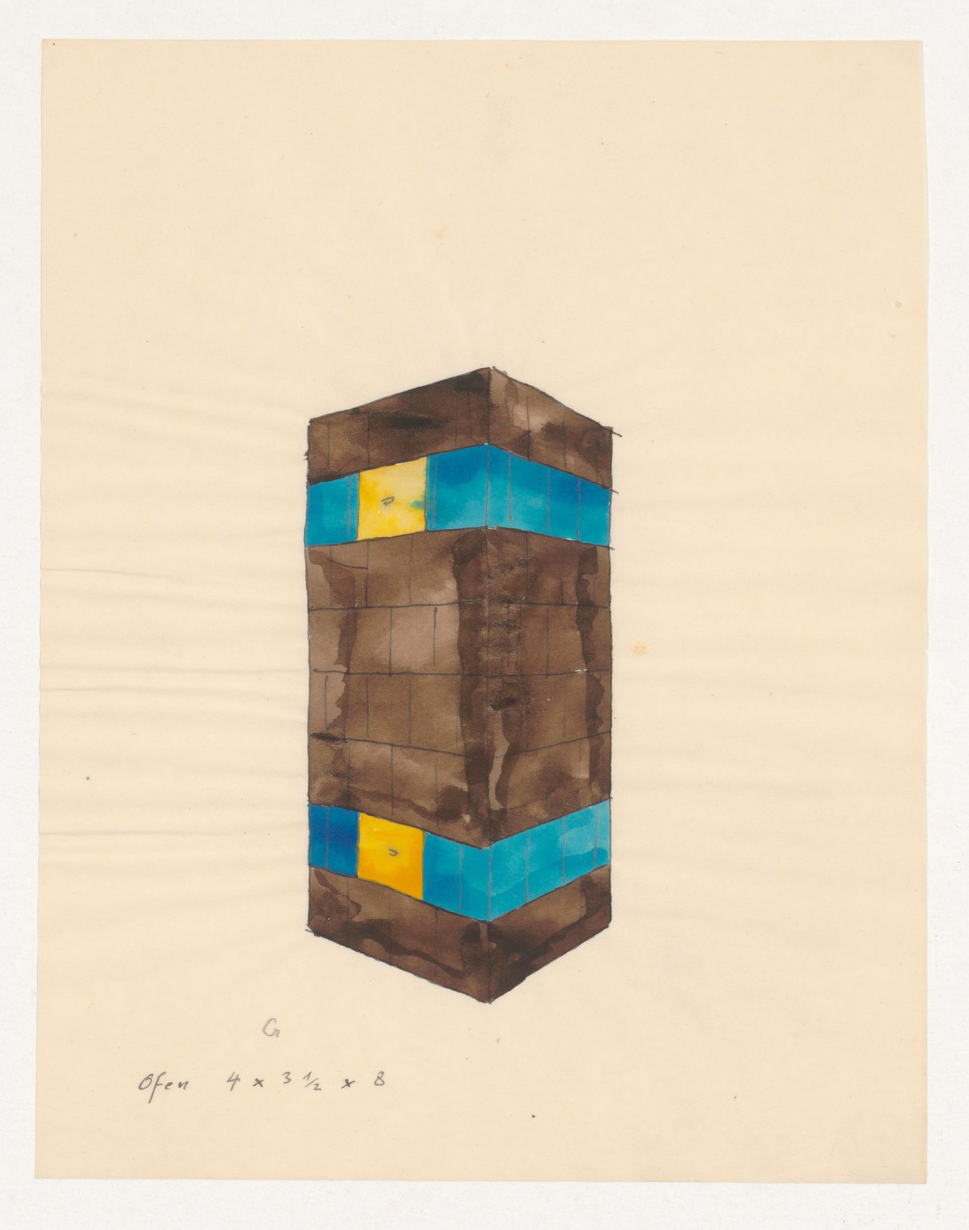 Perspective sketch for a brown and blue tiled stove