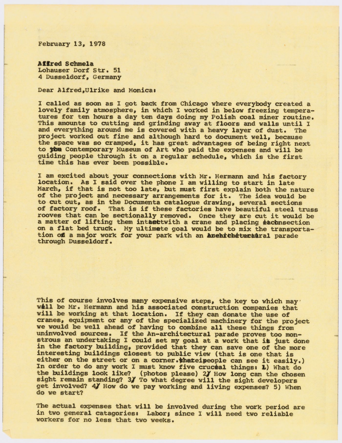 Letter from Gordon Matta-Clark to  Alfred, Ulrike and Monika Schmela