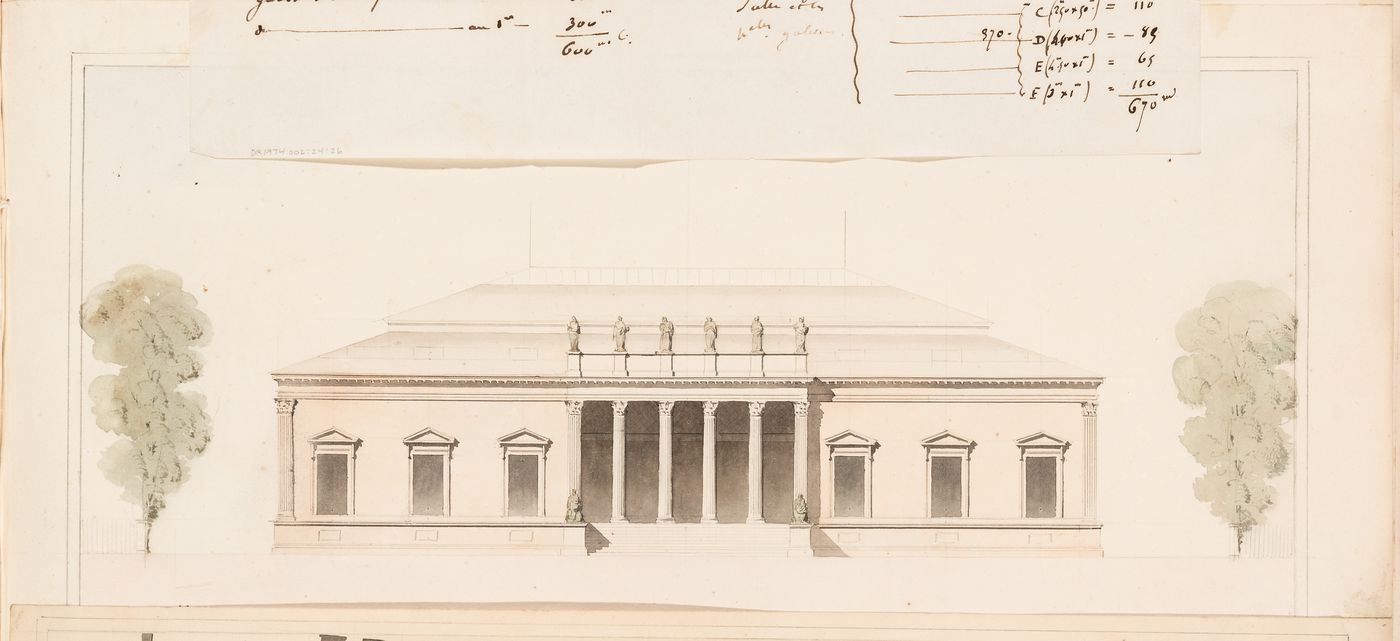 Project for a Galerie de zoologie with a single row of galleries and a central gallery, 1838: Principal elevation