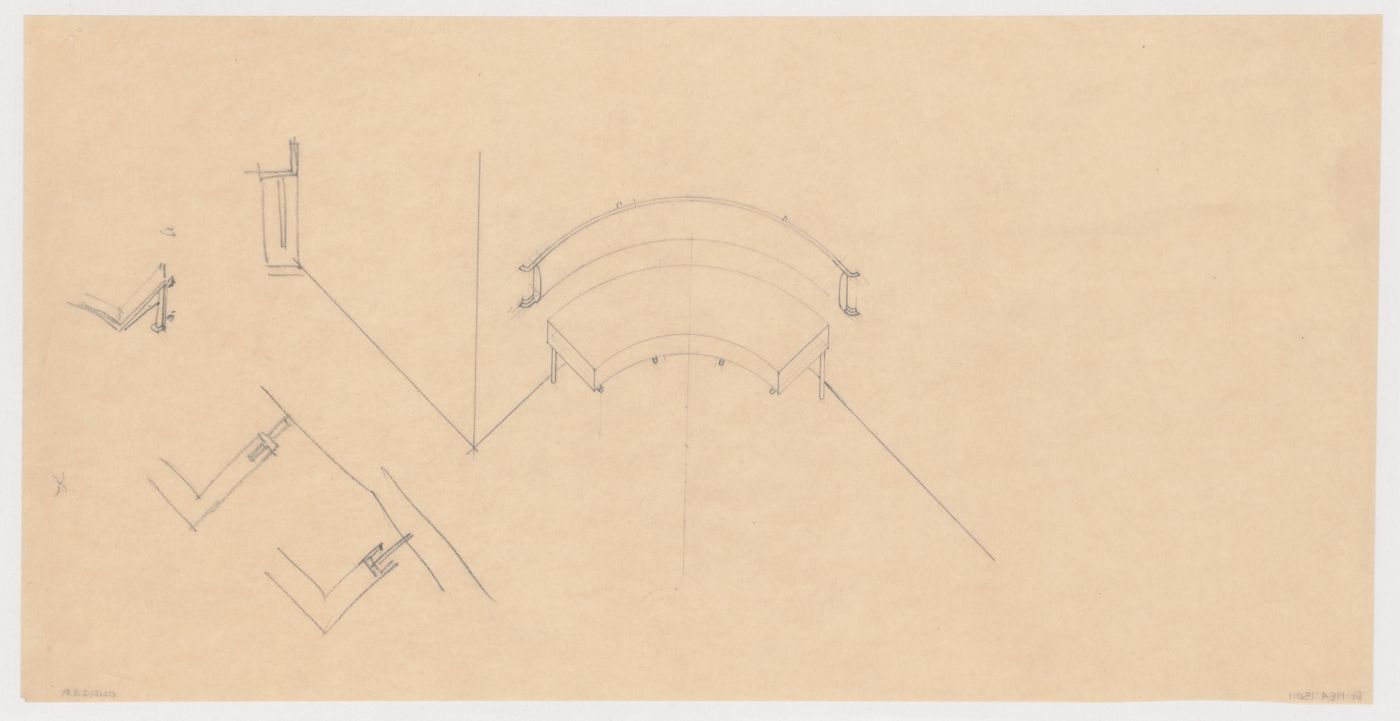 Axonometric for a built-in hall bench with a detail for the bench leg, Villa Allegonda, Katwijk aan Zee, Netherlands