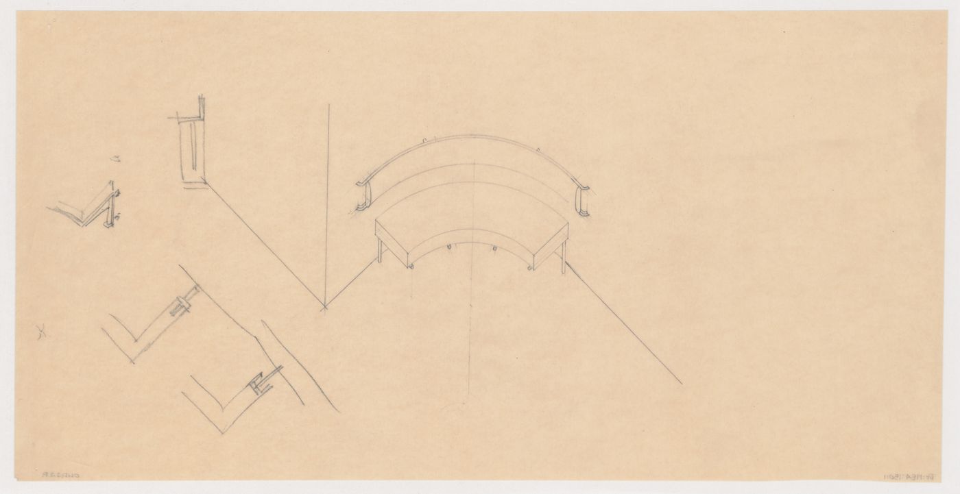Axonometric for a built-in hall bench with a detail for the bench leg, Villa Allegonda, Katwijk aan Zee, Netherlands