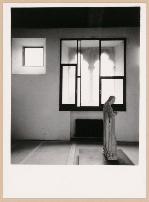 Interior view of a gallery showing a statue and windows, Museo di Castelvecchio, Verona, Italy