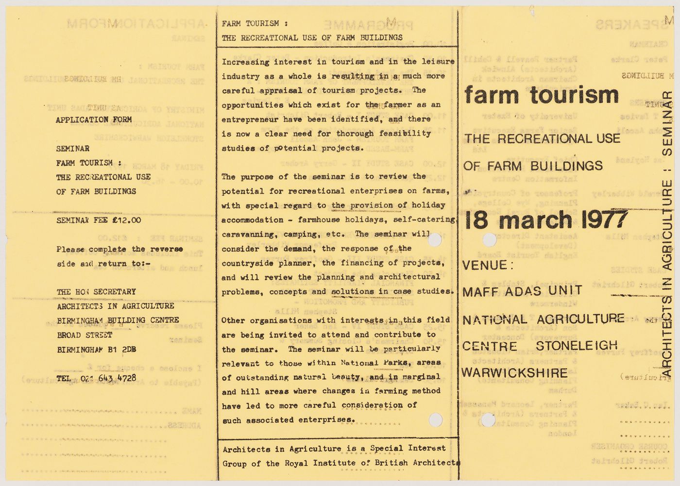 Application form for the seminar "Farm Tourism, the Recreational Use of Farm Buildings", scheduled for 18 March 1977 (from the Westpen project records)