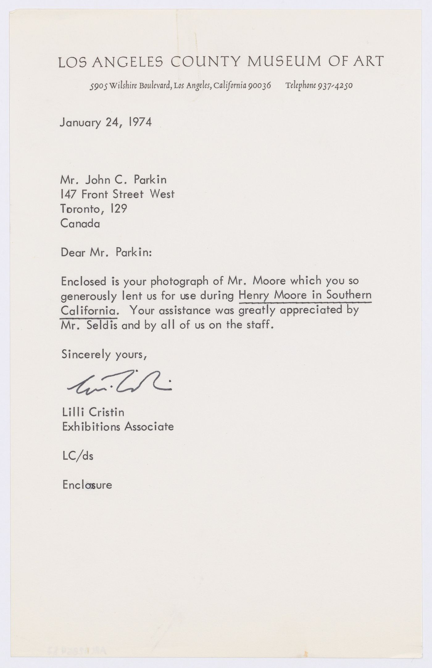 Letter from Los Angeles County Museum of Art to John C. Parkin regarding the lent photograph of Henry Moore presentating the Royal Canadian academy medal