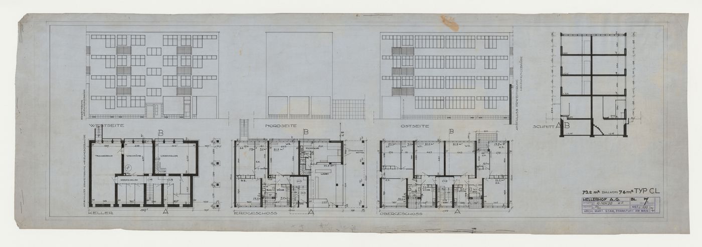 Basement, ground, and first floor plans, north, east and west elevations, and section for a type CL housing unit, Hellerhof Housing Estate, Frankfurt am Main, Germany