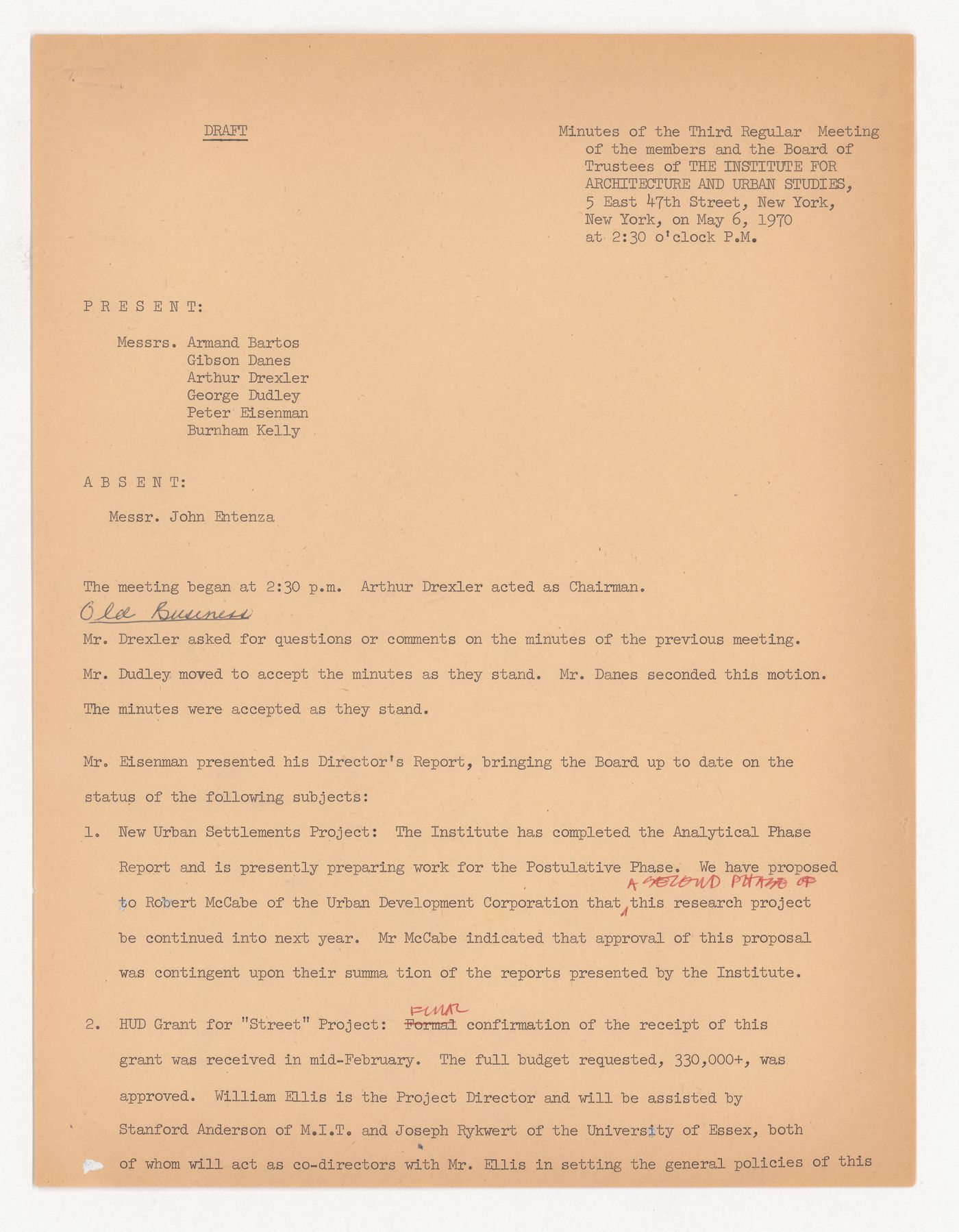 Draft with corrections and annotations for the minutes of the third regular meeting of the Board of Trustees