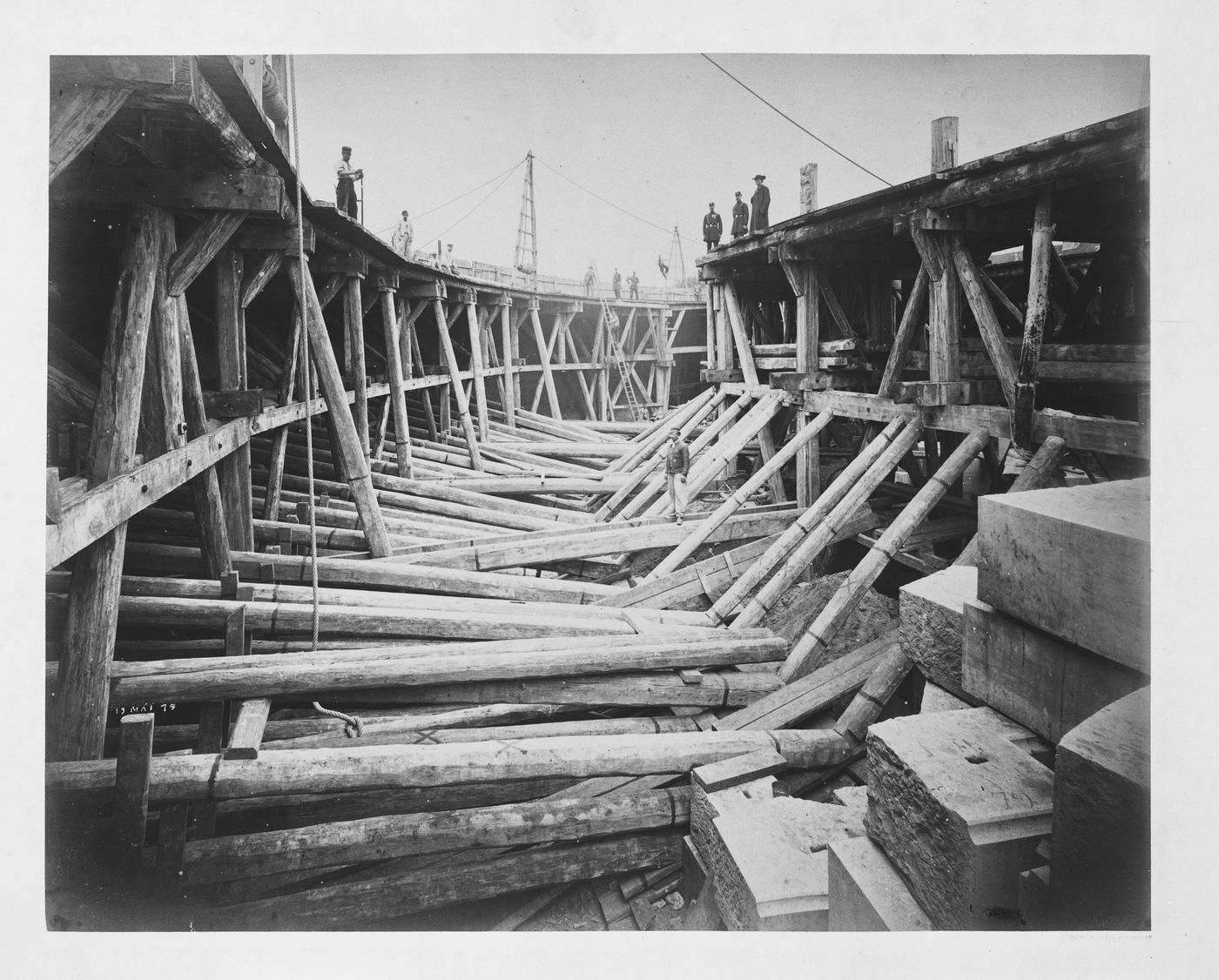 View of Sacré-Coeur construction site, with massive timbers, Paris, France
