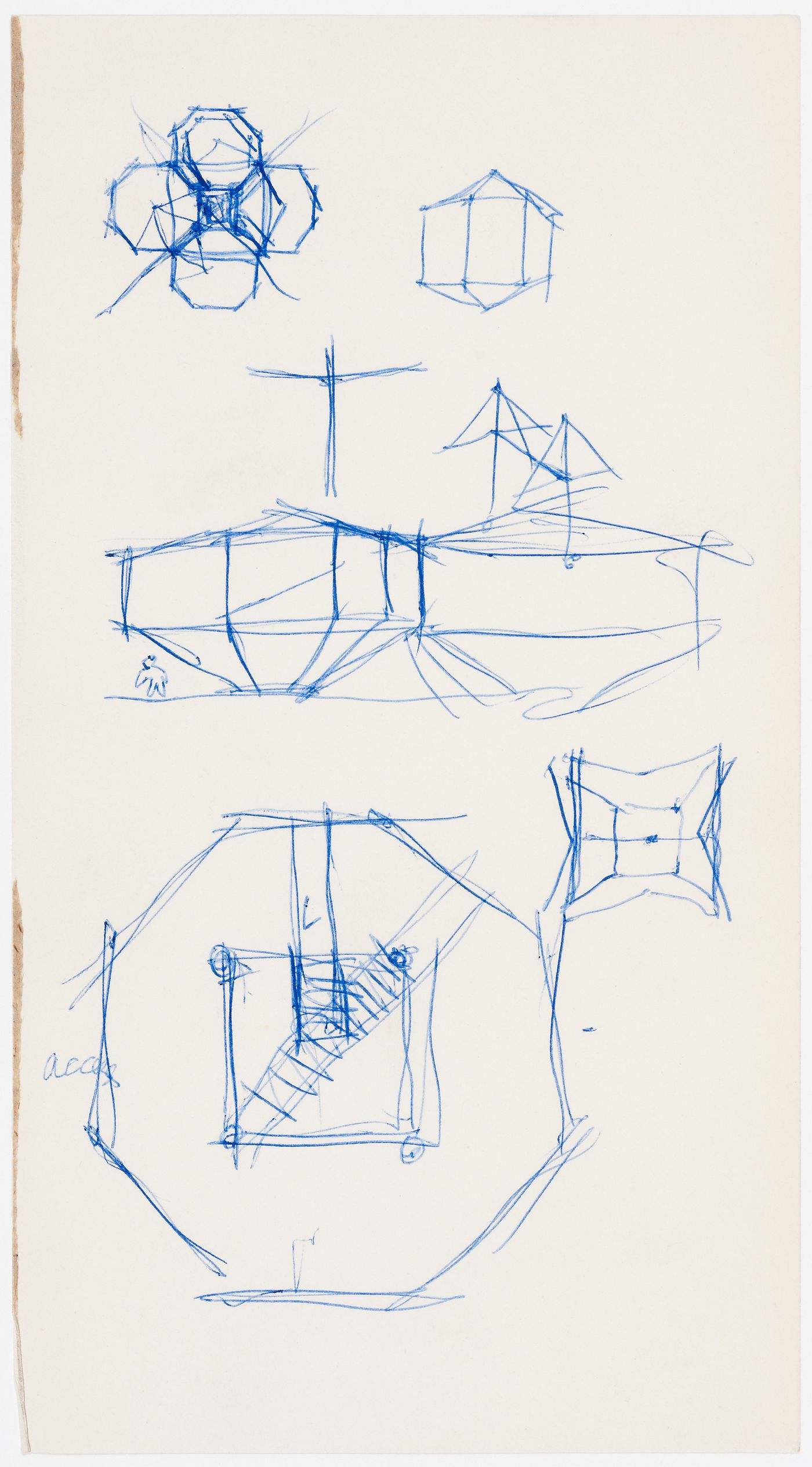 Conceptual sketches for the Aviary at the London Zoo: plans and elevations