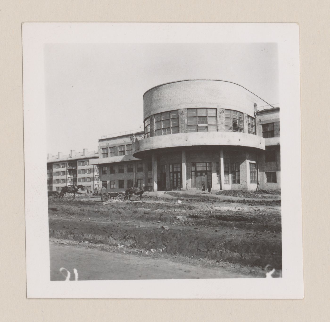 Exterior view of the club-cafeteria, Kharkov Tractor Plant (KhTZ) Settlement, Kharkov, Soviet Union (now in Ukraine)