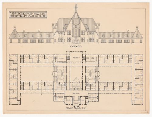 Competition drawing showing a north elevation and ground floor plan for a retirement home, Hilversum, Netherlands