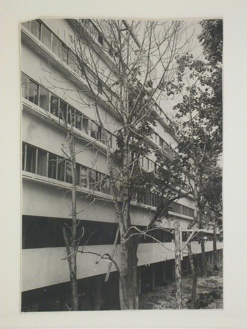 Partial view of the garden façade of the People's Commissariat for Finance (Narkomfin) Apartment Building, 25 Novinskii Boulevard, Moscow