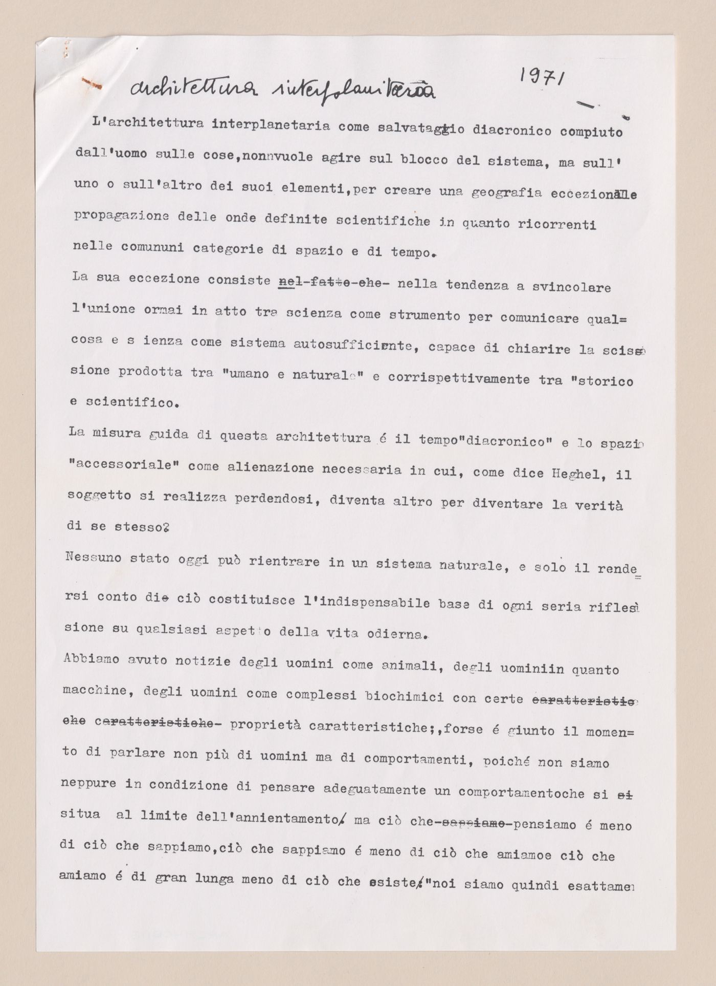 Photocopy of original script of the opening scenes for Architettura Interplanetaria [Interplanetary Architecture]