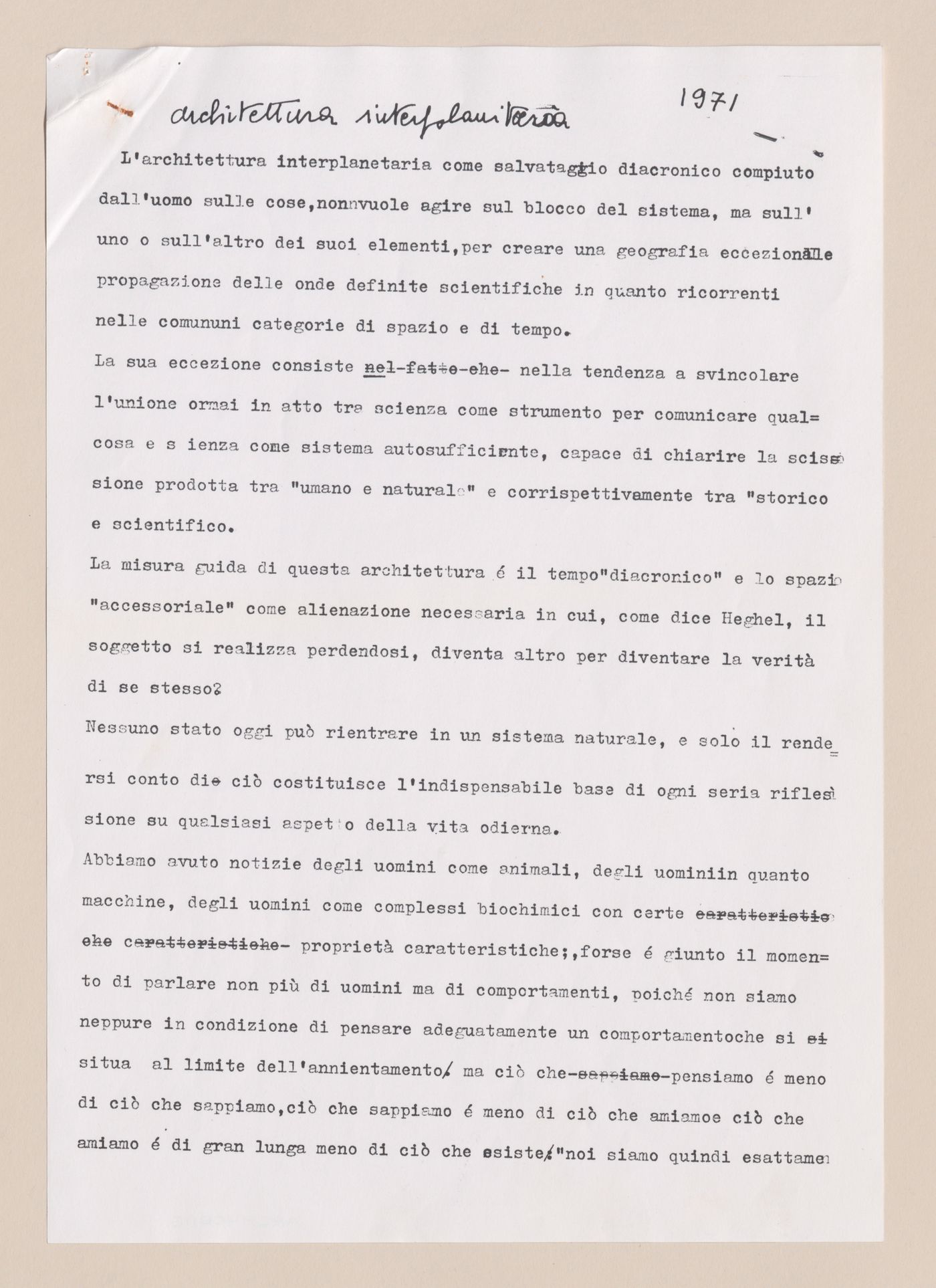 Photocopy of original script of the opening scenes for Architettura Interplanetaria [Interplanetary Architecture]
