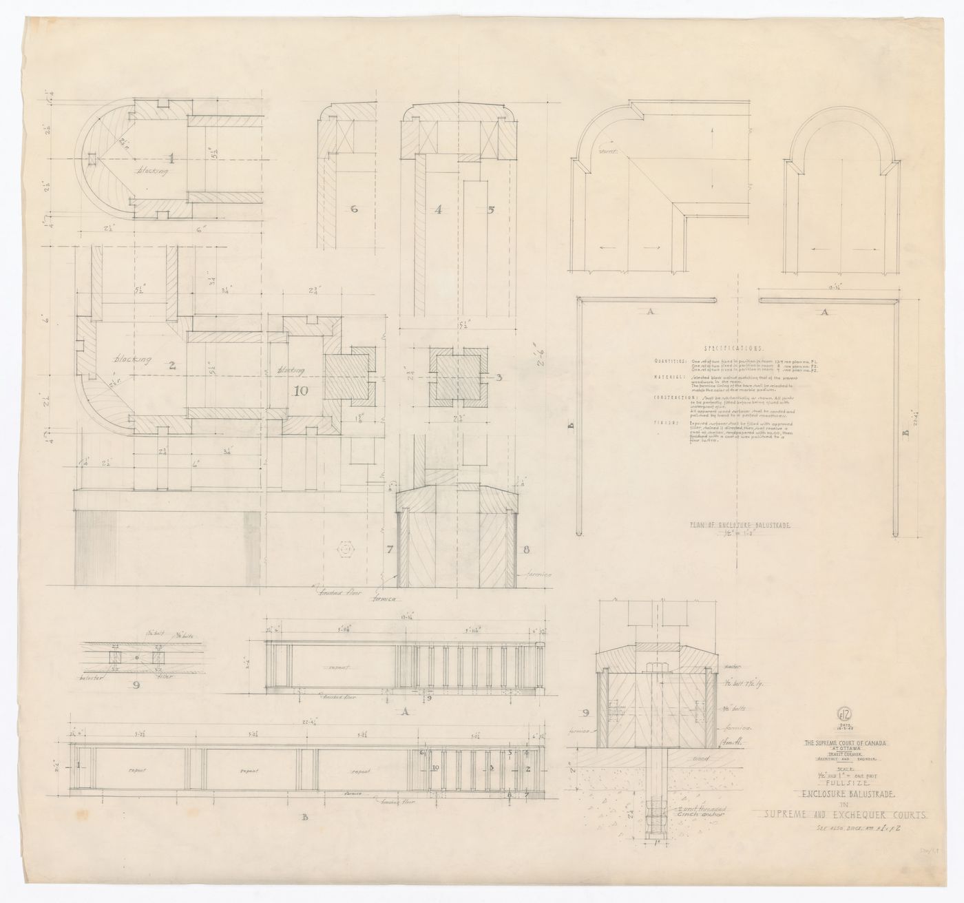 Plan, élévations, coupe et détails de balustrade pour Cour suprême du Canada, Ottawa, Ontario