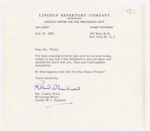 Letter from Robert Whitehead from the Lincoln Repertory Company to Cedric Price regarding the Fun Palace Project
