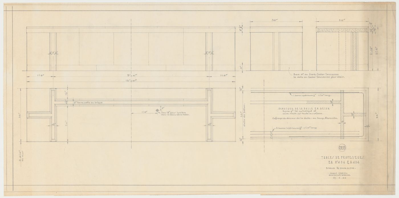 Détails des tables des professeurs, Pavillon principal et campus, Université de Montréal, Montréal, Canada (1924-1947)